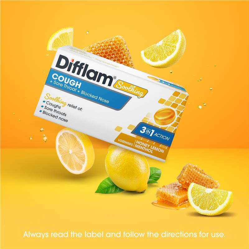 Difflam Soothing Cough + Sore Throat + Blocked Nose Honey Lemon 32 Lozenges