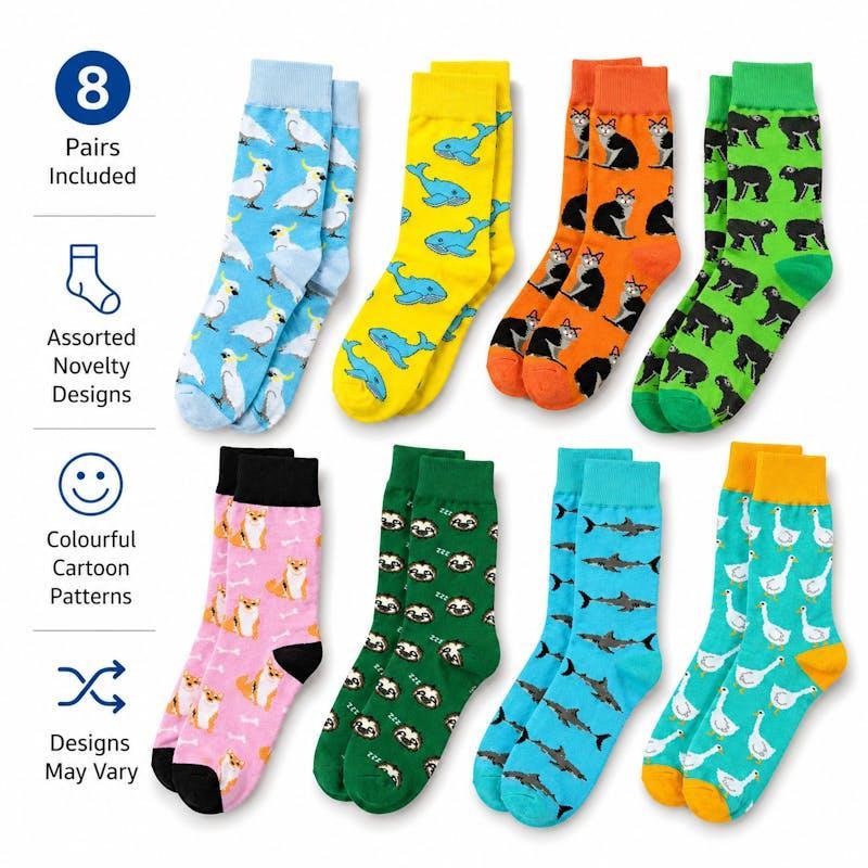 Sock Exchange 8 Pack Novelty Funny Socks Assorted Fun Designs Size 5-13 Bundle