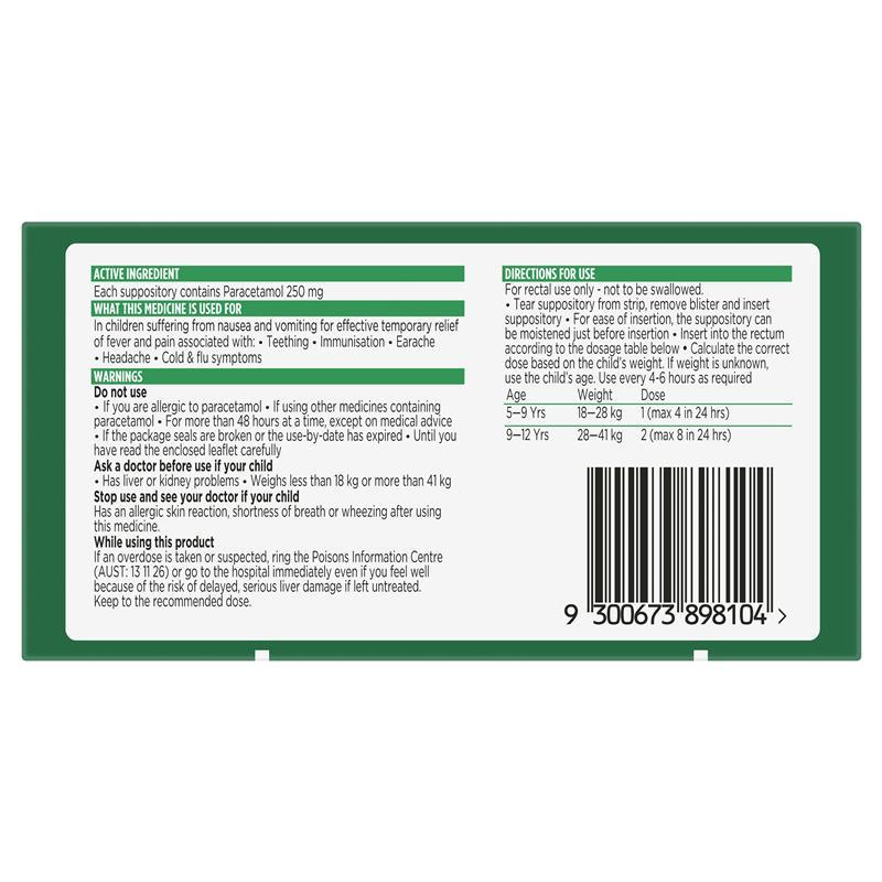 Panadol 250mg 5-12 Years 10 Suppositories