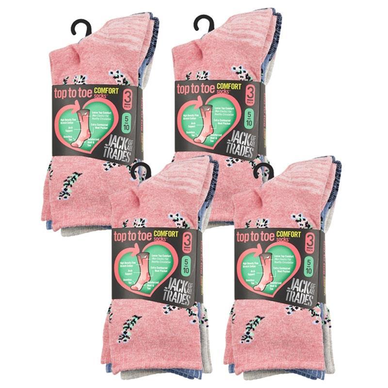 Jack of All Trades 12 Pairs of Women's Top to Toe Comfort Socks - Floral Size 5-10