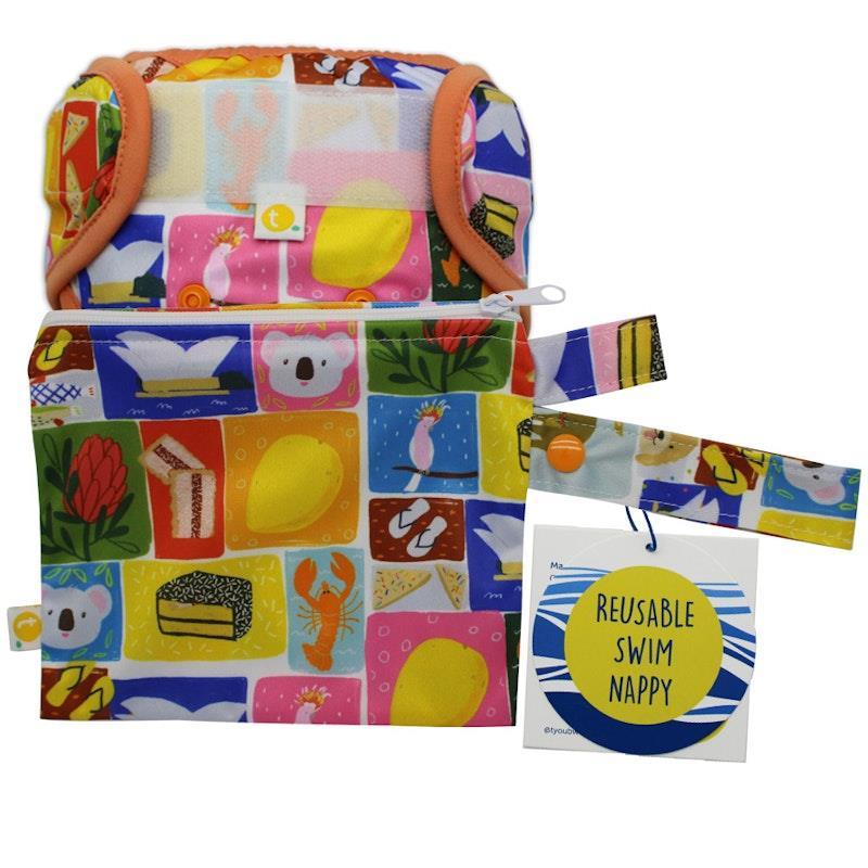 tyoub x Suki McMaster Adjustable Reusable Swim Nappy and Wet Bag - Aussie Icons One Size