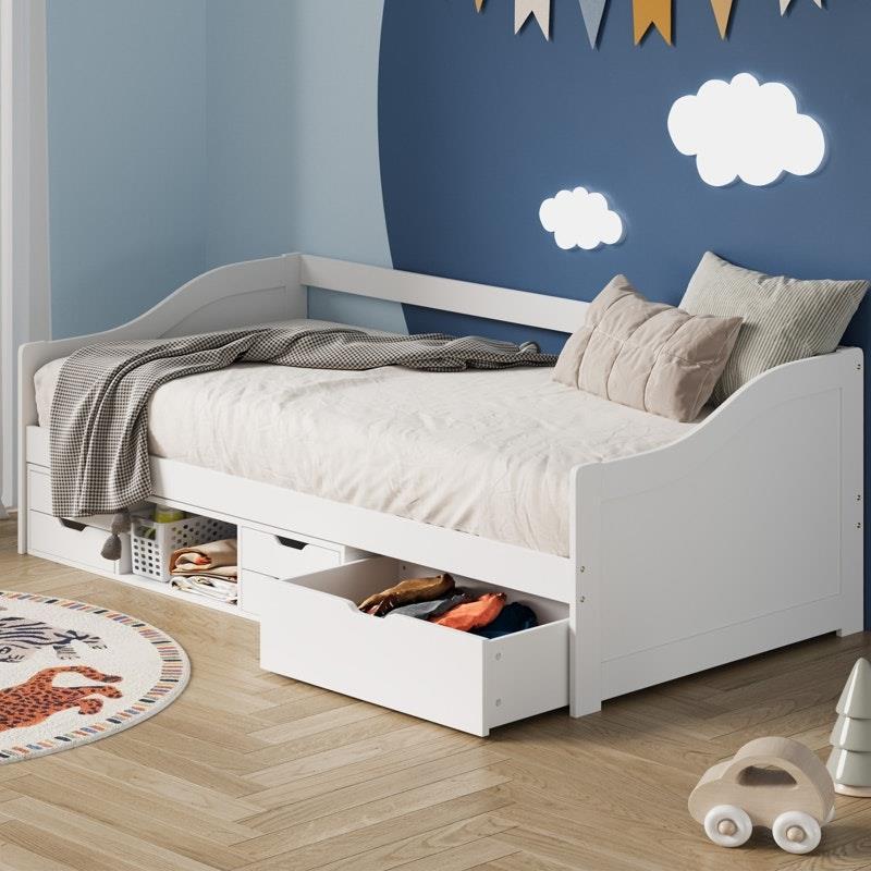 Oikiture Kids Bed Frame Single Daybed with Trundle Storage Drawers Timber White