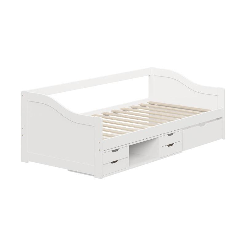 Oikiture Kids Bed Frame Single Daybed with Trundle Storage Drawers Timber White