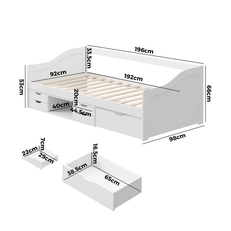 Oikiture Kids Bed Frame Single Daybed with Trundle Storage Drawers Timber White