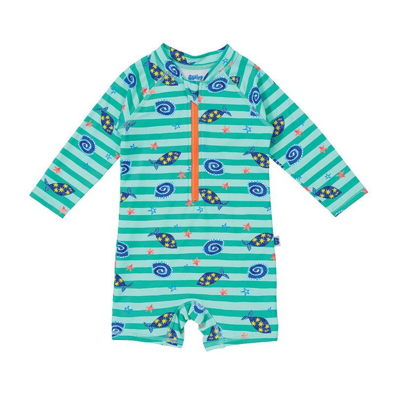 Bambi Mini Co. SWIM - Baby Swimsuit onesie - Green Stripe Fish - 6 - 12 Months