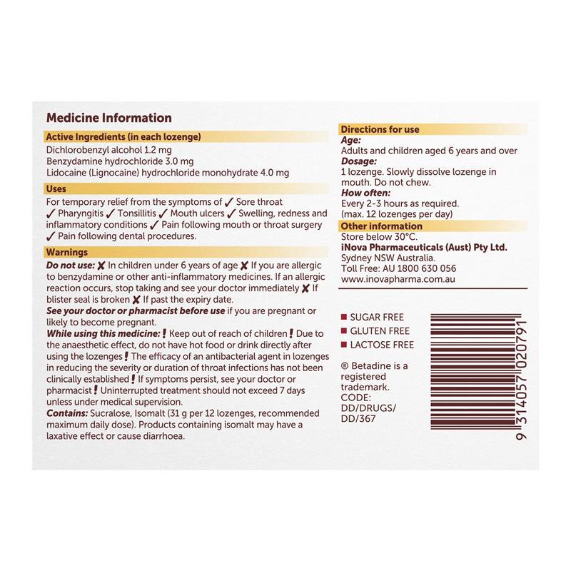Betadine Sore Throat Anaesthetic Honey & Lemon 36 Lozenges