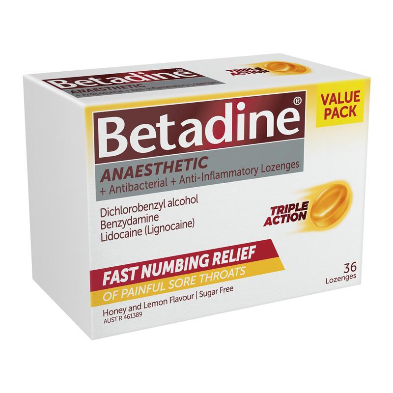 Betadine Sore Throat Anaesthetic Honey & Lemon 36 Lozenges