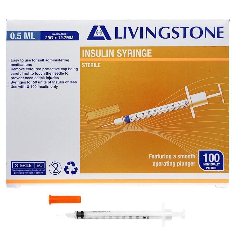 Livingstone Insulin Syringes 0.5mL White Plunger with Needle 29 Gauge Sterile 100 Pieces/Box