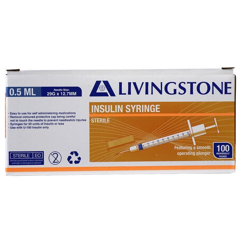 Livingstone Insulin Syringes 0.5mL White Plunger with Needle 29 Gauge Sterile 100 Pieces/Box