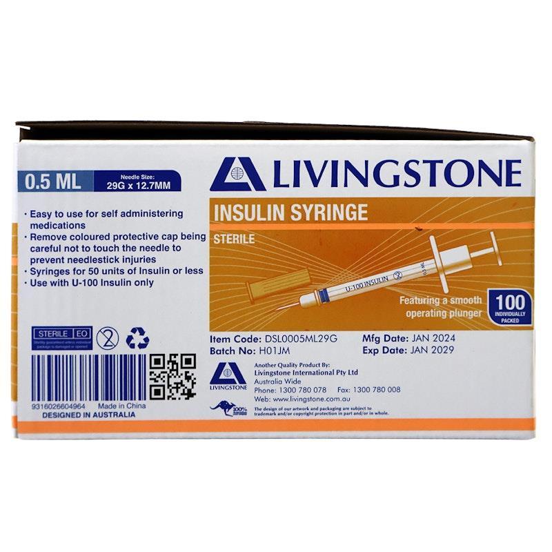 Livingstone Insulin Syringes 0.5mL White Plunger with Needle 29 Gauge Sterile 100 Pieces/Box