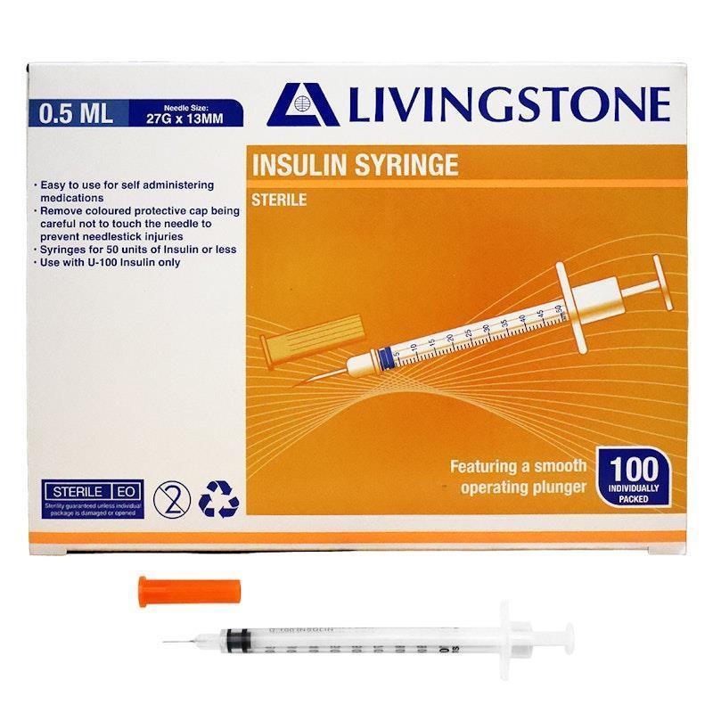 Livingstone Insulin Syringes 0.5mL White Plunger with Needle 27 Gauge Sterile 100 Pieces/Box