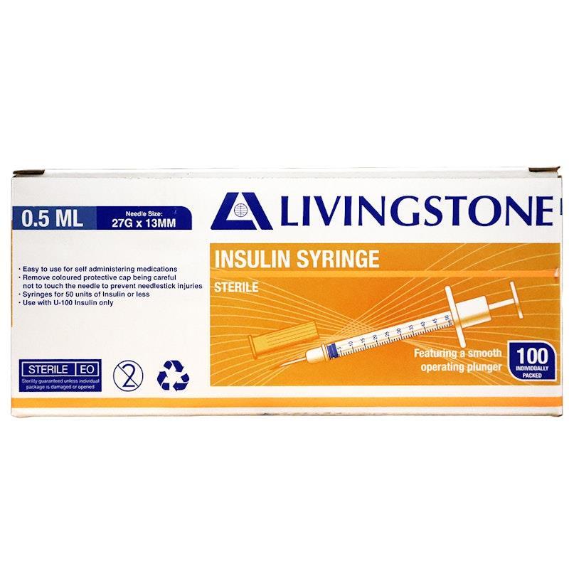 Livingstone Insulin Syringes 0.5mL White Plunger with Needle 27 Gauge Sterile 100 Pieces/Box