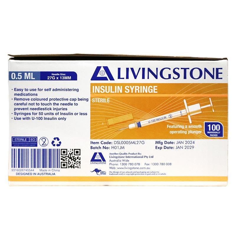Livingstone Insulin Syringes 0.5mL White Plunger with Needle 27 Gauge Sterile 100 Pieces/Box