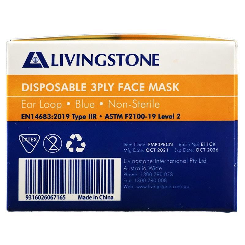 Livingstone Face Mask Level 2  3-Ply Earloop Blue 50 Pieces/Box
