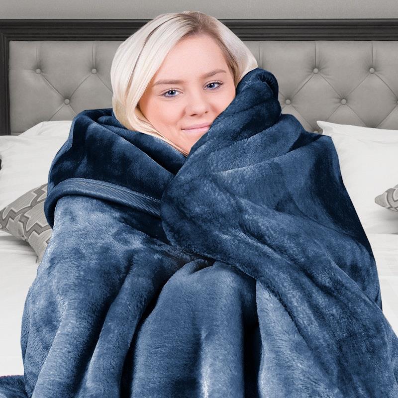 Laura Hill Mink Blanket Queen Double Sided 600GSM Faux Throw Rug 220 x 240cm Navy