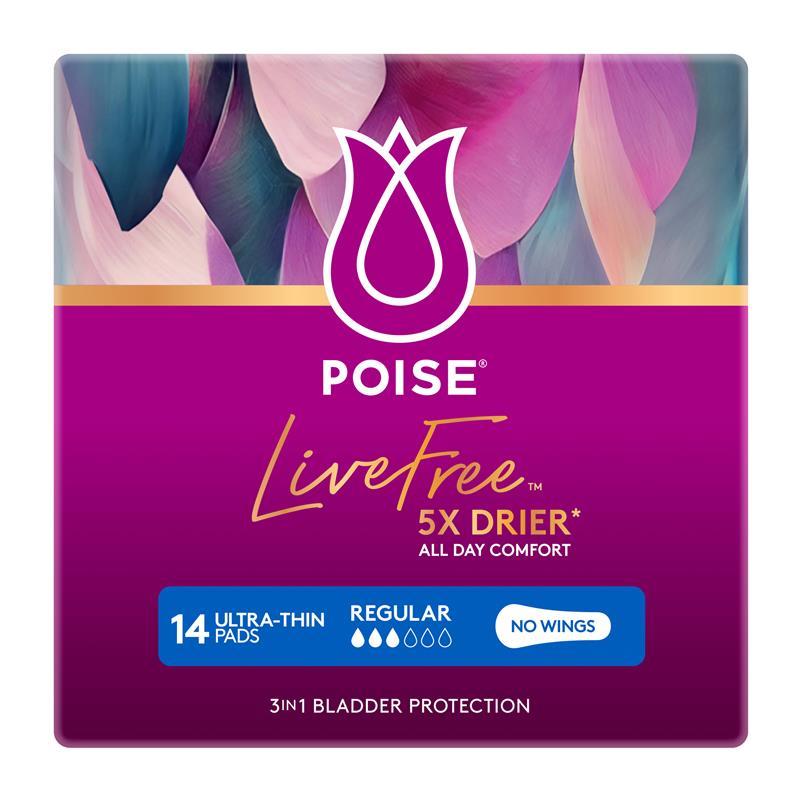 Poise LiveFree Incontinence Pads Regular No Wings 14 Pack