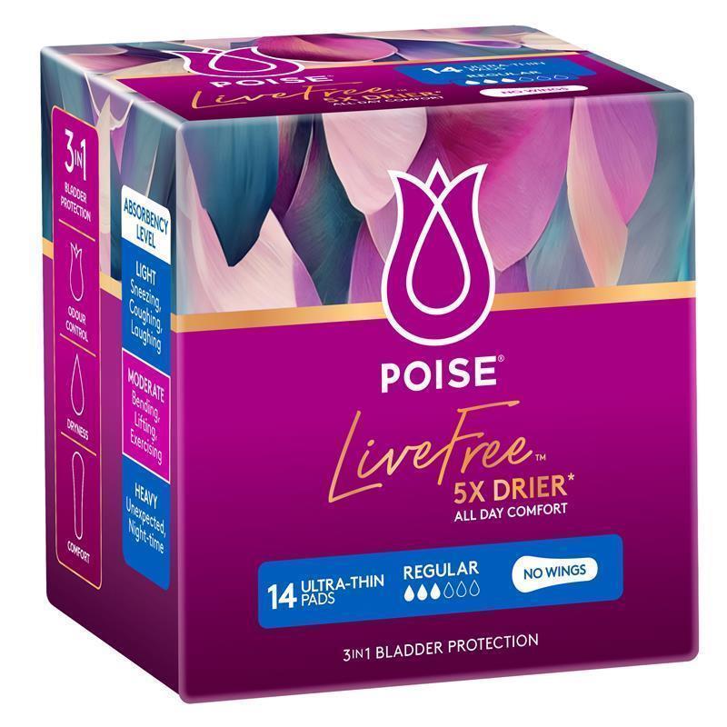 Poise LiveFree Incontinence Pads Regular No Wings 14 Pack