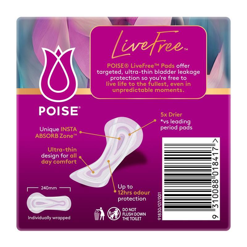 Poise LiveFree Incontinence Pads Regular No Wings 14 Pack