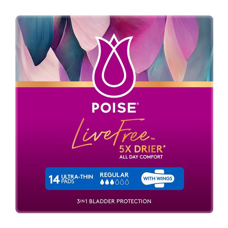 Poise LiveFree Incontinence Pads Regular with Wings 14 Pack