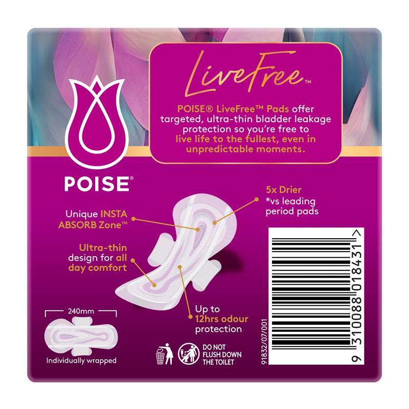 Poise LiveFree Incontinence Pads Regular with Wings 14 Pack