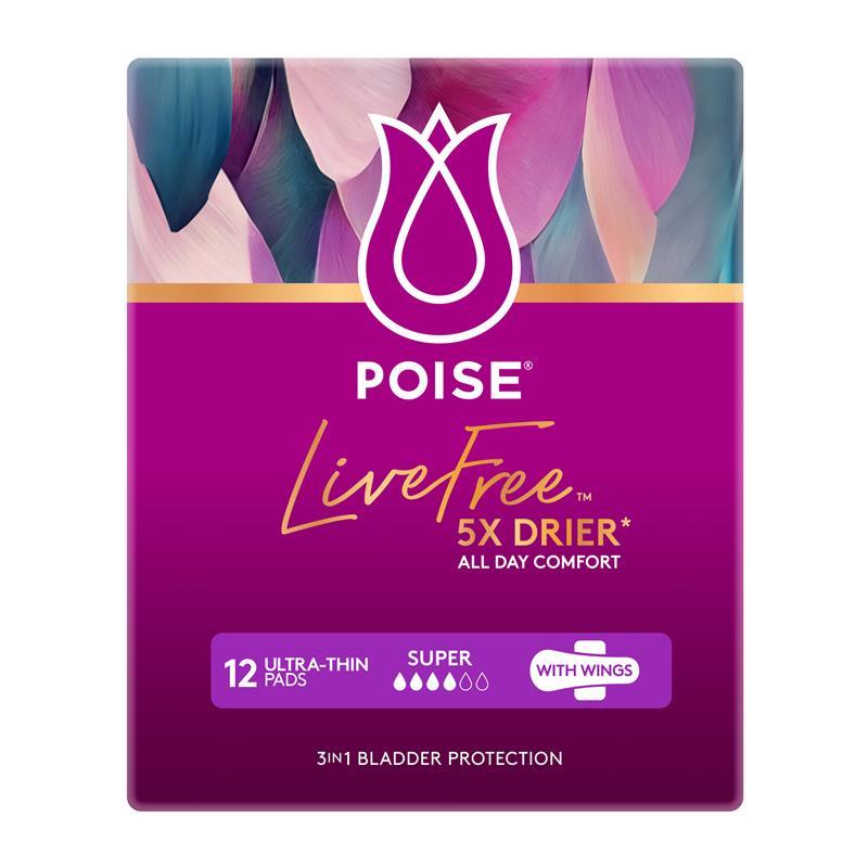 Poise LiveFree Incontinence Pads Super with Wings 12 Pack