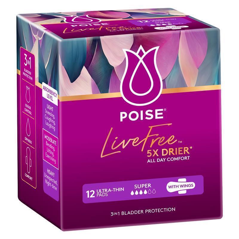 Poise LiveFree Incontinence Pads Super with Wings 12 Pack