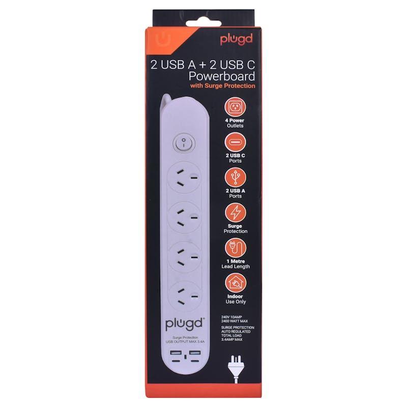PLUGD 4 Outlet Powerboard with Surge Protection & 4 USB Ports 1Pack