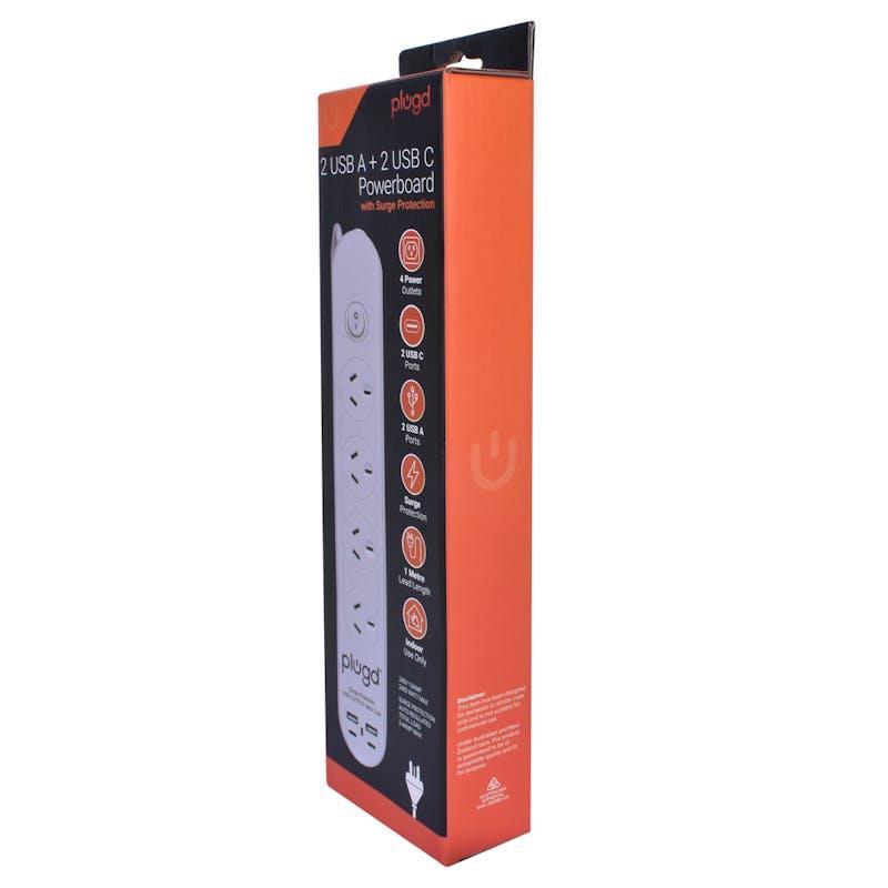 PLUGD 4 Outlet Powerboard with Surge Protection & 4 USB Ports 1Pack