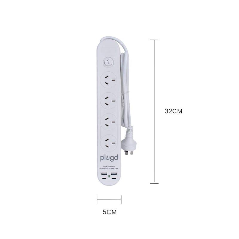 PLUGD 4 Outlet Powerboard with Surge Protection & 4 USB Ports 1Pack