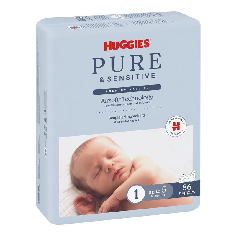 Huggies Pure and Sensitive Nappies Size 1 (Up To 5Kg)  86 Pack