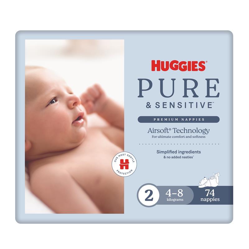 Huggies Pure and Sensitive Nappies Size 2 (4-8 Kg)  74 Pack