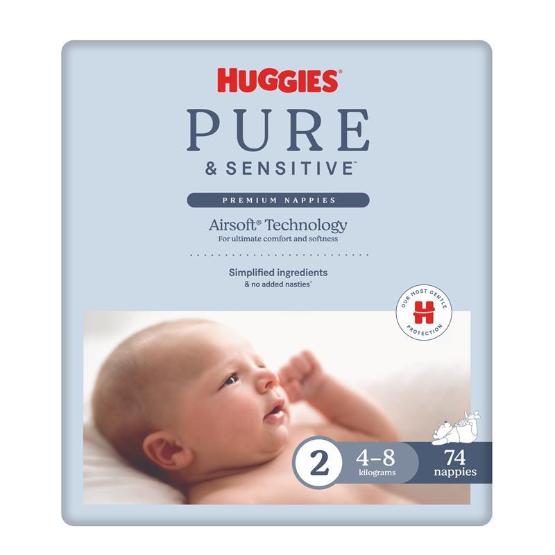 Huggies Pure and Sensitive Nappies Size 2 (4-8 Kg)  74 Pack