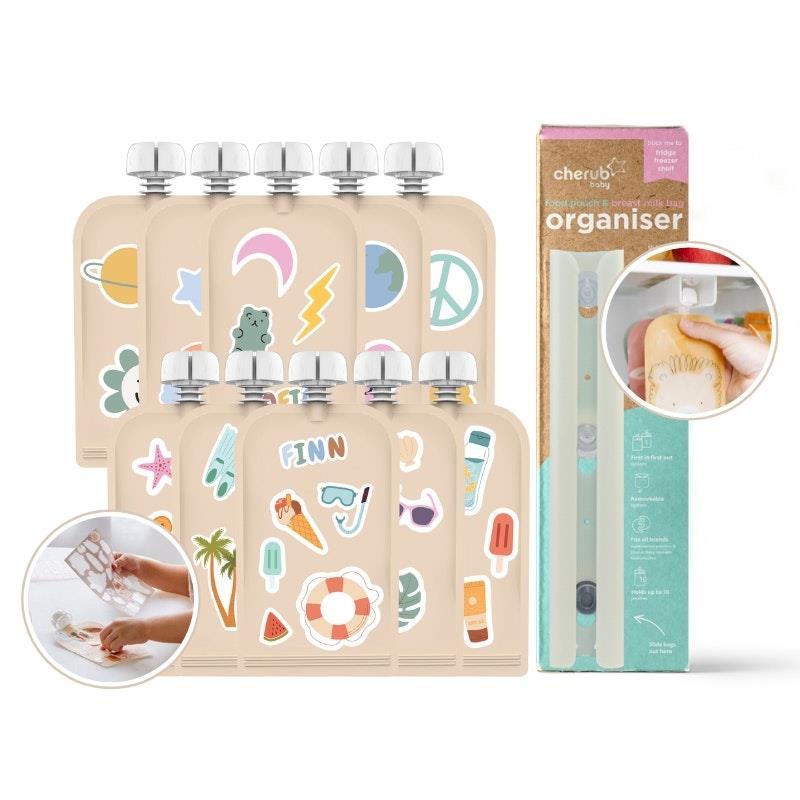 Cherub Baby Customisable Food Pouch Sticker Bundle Summer Vibes and Retro Rainbow Set
