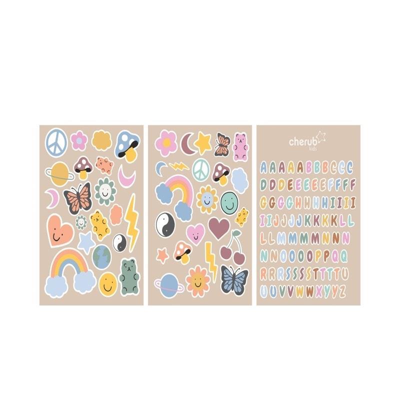 Cherub Baby Customisable Food Pouch Sticker Bundle Summer Vibes and Retro Rainbow Set