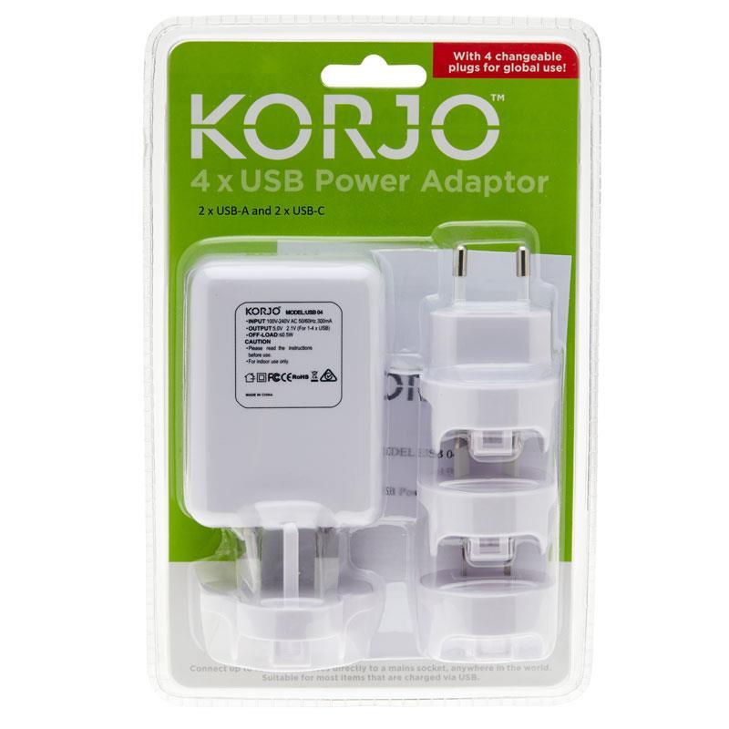 Korjo USB A & C Power Adaptor x 4 with International Heads
