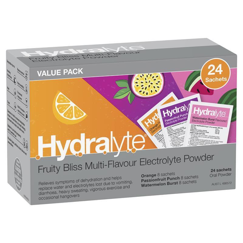 Hydralyte Electrolyte Fruity Bliss Multi Flavour Sachets 24 Value Pack