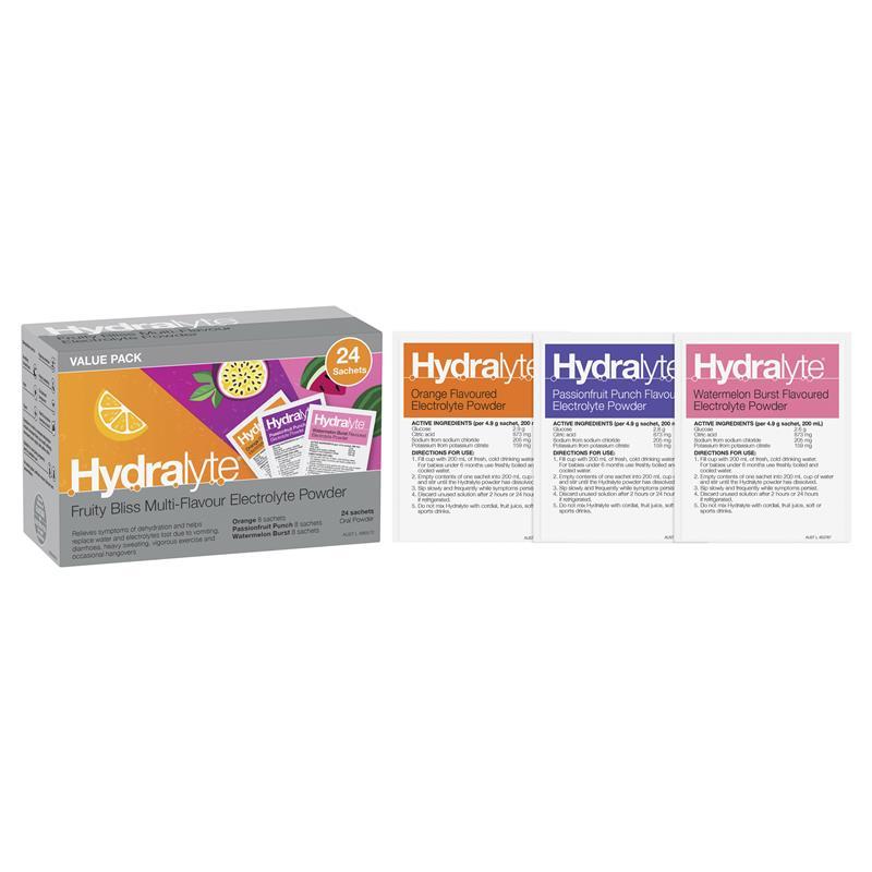 Hydralyte Electrolyte Fruity Bliss Multi Flavour Sachets 24 Value Pack
