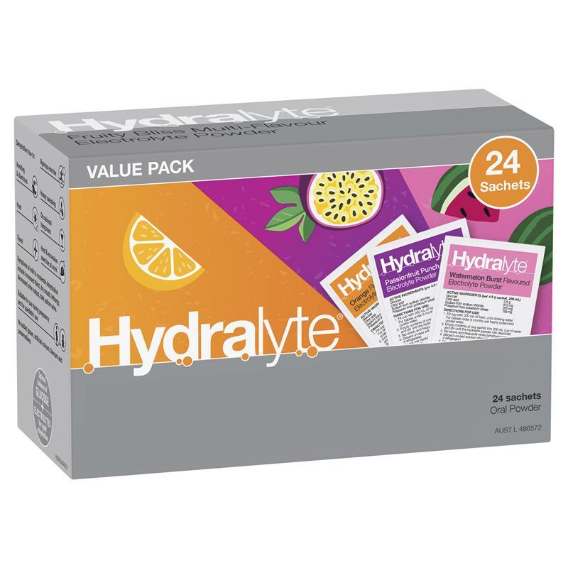 Hydralyte Electrolyte Fruity Bliss Multi Flavour Sachets 24 Value Pack