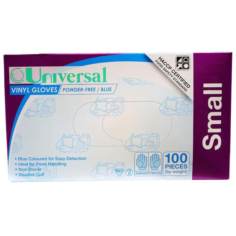 Universal Vinyl Gloves Powder Free Small Blue 100 Pieces/Box