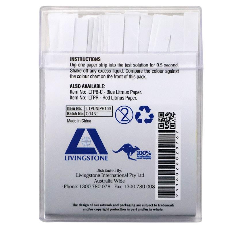 Livingstone Universal pH Indicator Strips Litmus Paper with Colour Chart 100 Tests/Pack