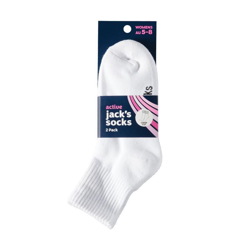 Jacks Socks Active Midi Crew Womens Cushioned 2 Pack White 5-8