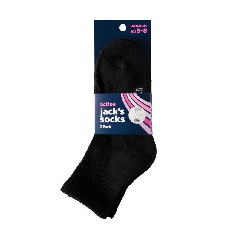 Jacks Socks Active Midi Crew Womens Cushioned 2 Pack Black 5-8