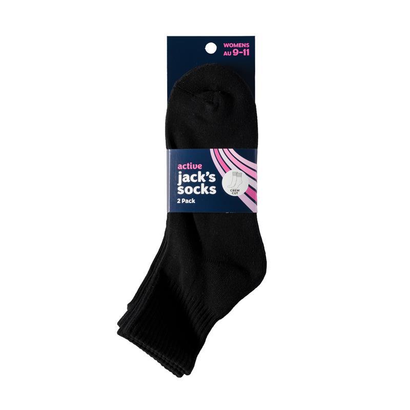 Jacks Socks Active Midi Crew Womens Cushioned 2 Pack Black 9-11