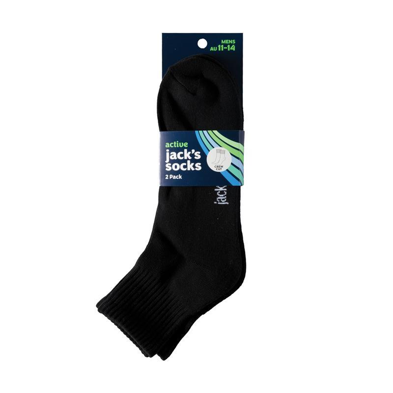 Jacks Socks Active Midi Crew Mens Cushioned 2 Pack Black 11-14