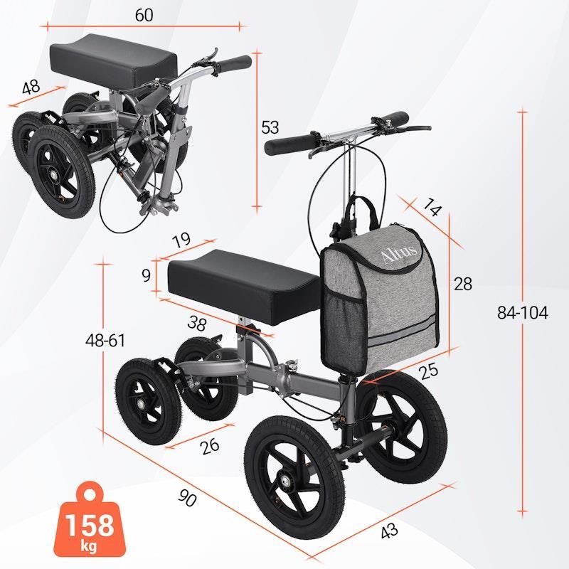 Altus Bariatric Knee Walker Scooter 12 inch All Terrain Pneumatic Tires Titanium