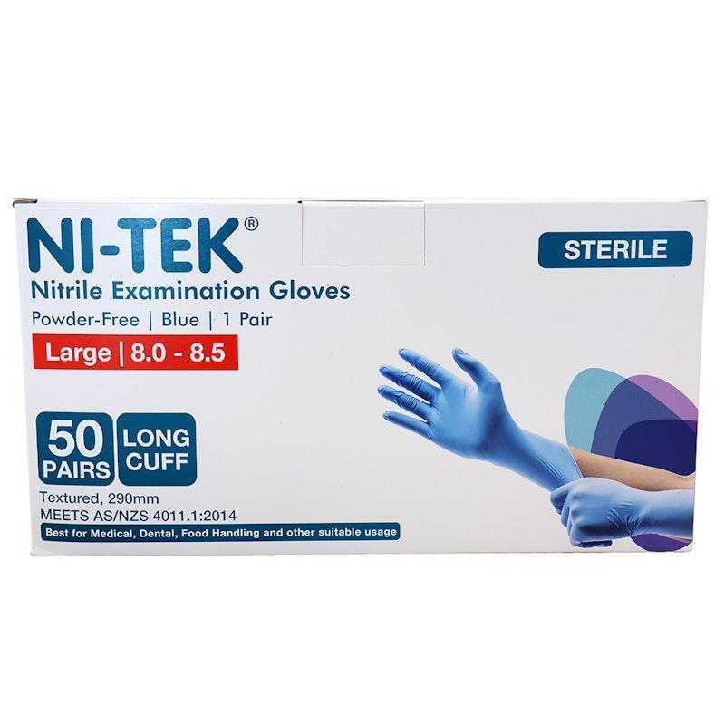 NI-TEK Nitrile Exam Gloves Sterile Powder Free Long Cuff Blue Large 100 Pieces/Box