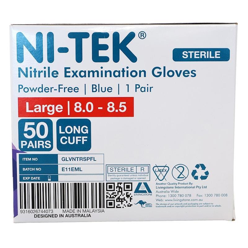 NI-TEK Nitrile Exam Gloves Sterile Powder Free Long Cuff Blue Large 100 Pieces/Box