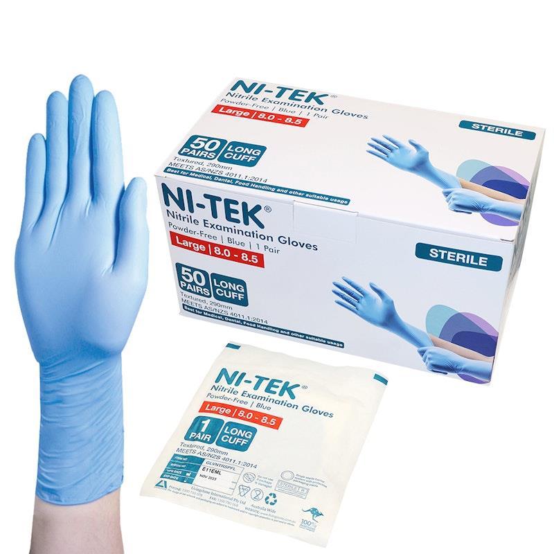 NI-TEK Nitrile Exam Gloves Sterile Powder Free Long Cuff Blue Large 100 Pieces/Box
