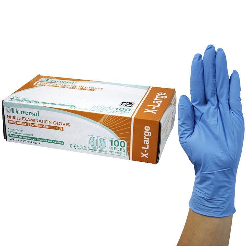 Universal Nitrile Examination Gloves AS NZ Powder Free Blue Extra Large 100 Pieces/Box