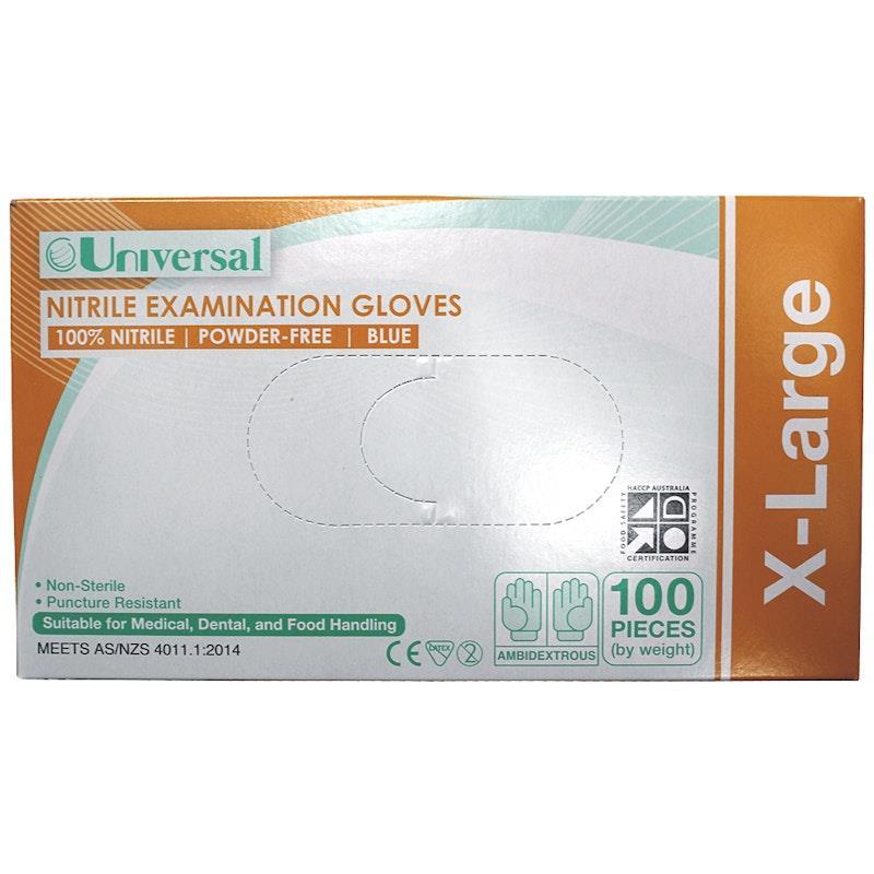 Universal Nitrile Examination Gloves AS NZ Powder Free Blue Extra Large 100 Pieces/Box
